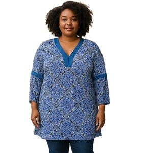2/$40 Cupio Blue Boho Shirt Dress XL 3/4 Sleeve V-Neck Tunic Top Viscose Lining